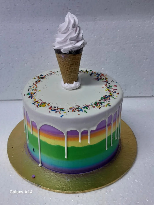 Colorful cake with rainbow layers and ice cream cone on top against a plain background