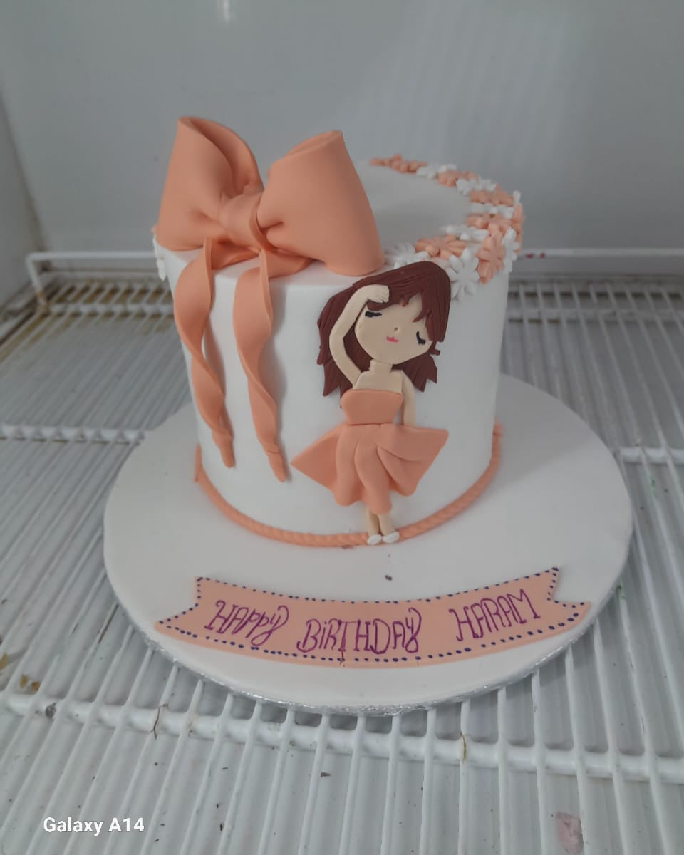 Sweet Peach Bow & Doll Fondant Cake – 3 Lbs