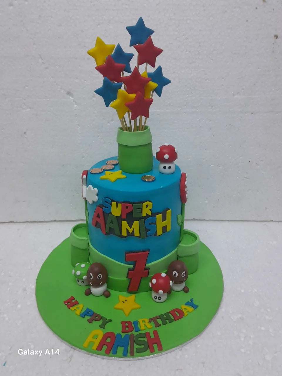 Kids birthday cake with star decorations and text on a white background